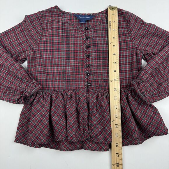 Ralph Lauren Girl's Plaid Red Green Tartan Long Sleeve Ruffle Buttons Top Size 5 - Picture 13 of 15